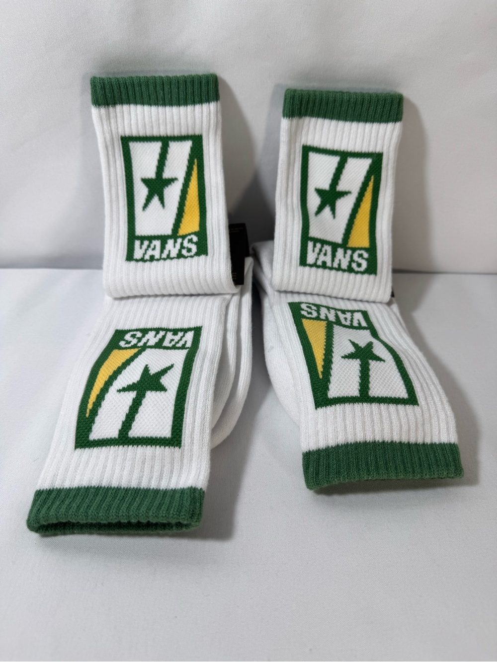 Vans White Crew Athletic Socks with Green and Yellow Logo - Pair - Picture 4 of 4